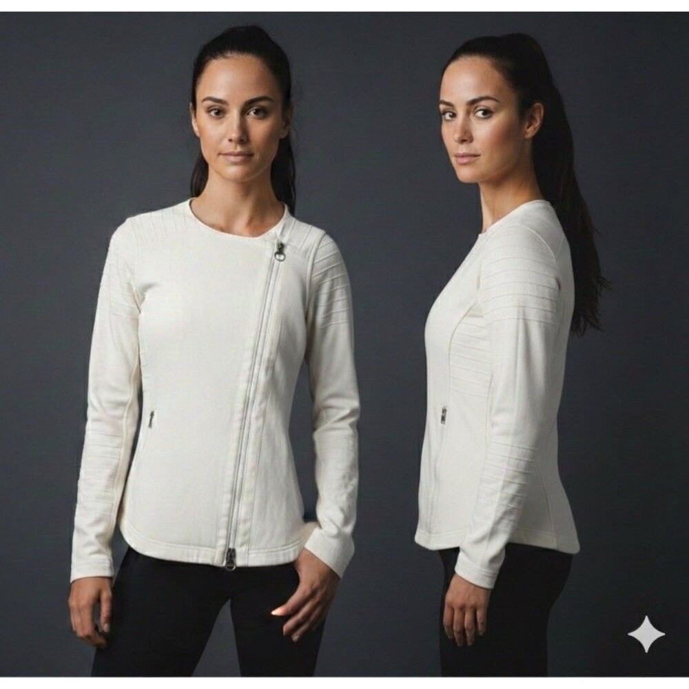 Athleta Moto Jacket Women’s S Cream Asym Full Zip Athleisure Athletic Yoga Sport